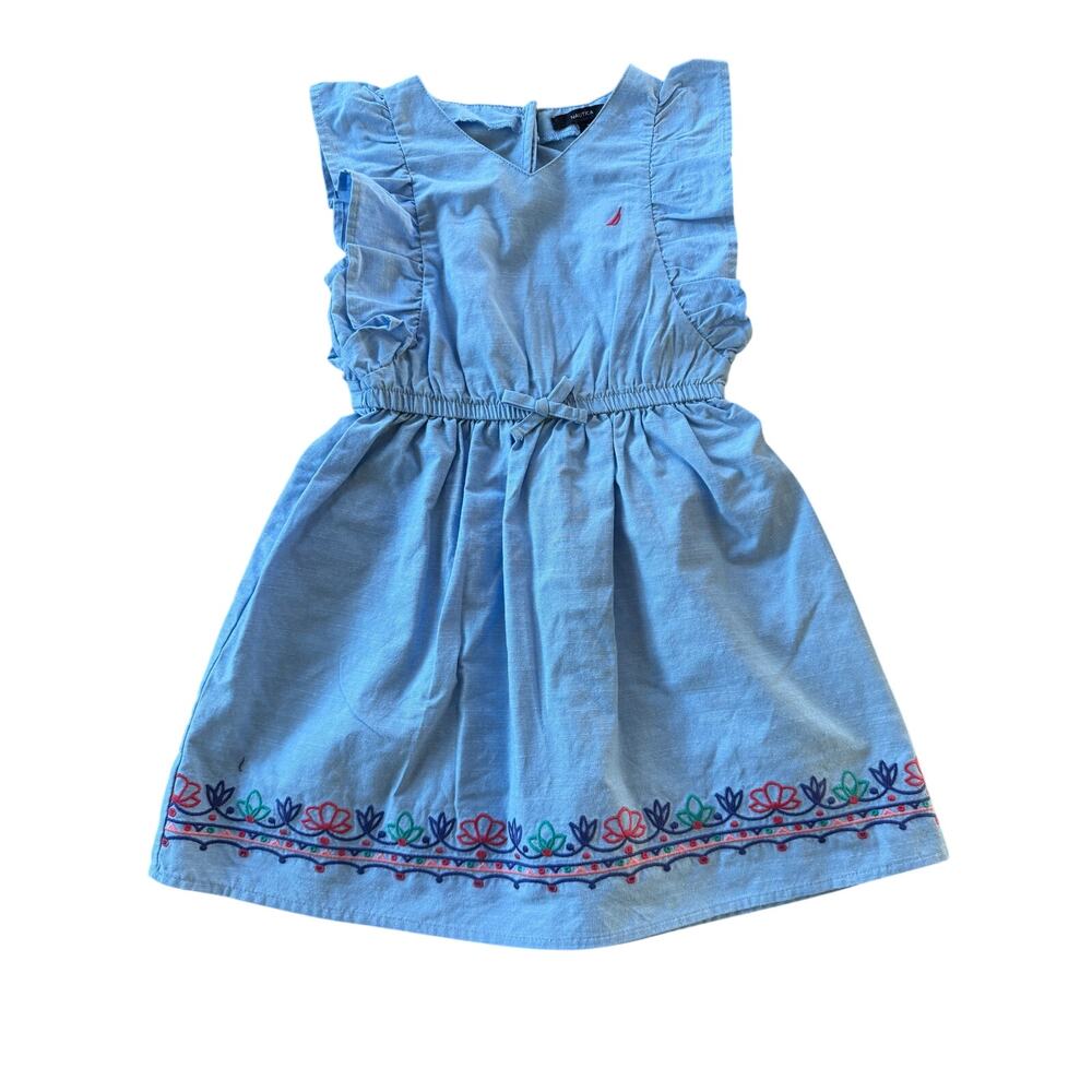 Nautica Girls Chambray Ruffle Dress Embroidered Hem Size 7 Blue